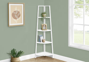 HomeRoots 59" Corner Bookcase - Sleek White Metal Four-Tier Storage Solution for Modern Home Decor & Organization 489785