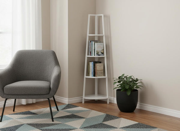 HomeRoots 59" Corner Bookcase - Sleek White Metal Four-Tier Storage Solution for Modern Home Decor & Organization 489785