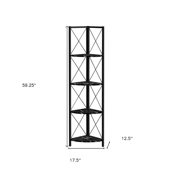 HomeRoots 59" Black Metal Four-Tier Corner Bookcase - Stylish Storage Solution for Small Spaces & Modern Decor 489789