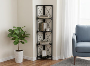 HomeRoots 59" Black Metal Four-Tier Corner Bookcase - Stylish Storage Solution for Small Spaces & Modern Decor 489789
