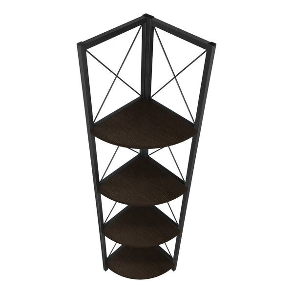 HomeRoots 59" Espresso Metal Four Tier Corner Bookcase - Sturdy, Stylish Space-Saving Storage for Any Room 489790
