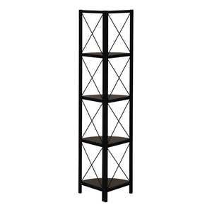 HomeRoots 59" Espresso Metal Four Tier Corner Bookcase - Sturdy, Stylish Space-Saving Storage for Any Room 489790