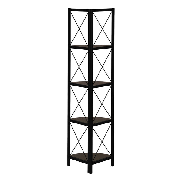 HomeRoots 59" Espresso Metal Four Tier Corner Bookcase - Sturdy, Stylish Space-Saving Storage for Any Room 489790