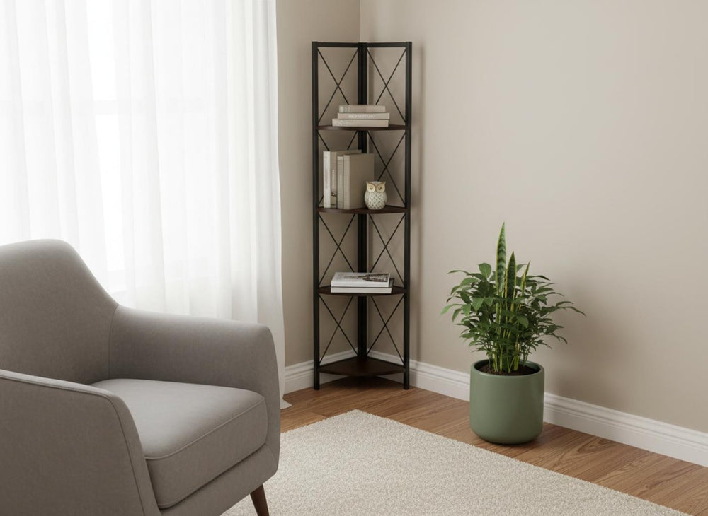HomeRoots 59" Espresso Metal Four Tier Corner Bookcase - Sturdy, Stylish Space-Saving Storage for Any Room 489790