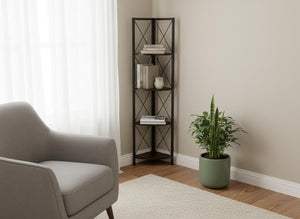 HomeRoots 59" Espresso Metal Four Tier Corner Bookcase - Sturdy, Stylish Space-Saving Storage for Any Room 489790