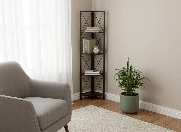 HomeRoots 59" Espresso Metal Four Tier Corner Bookcase - Sturdy, Stylish Space-Saving Storage for Any Room 489790