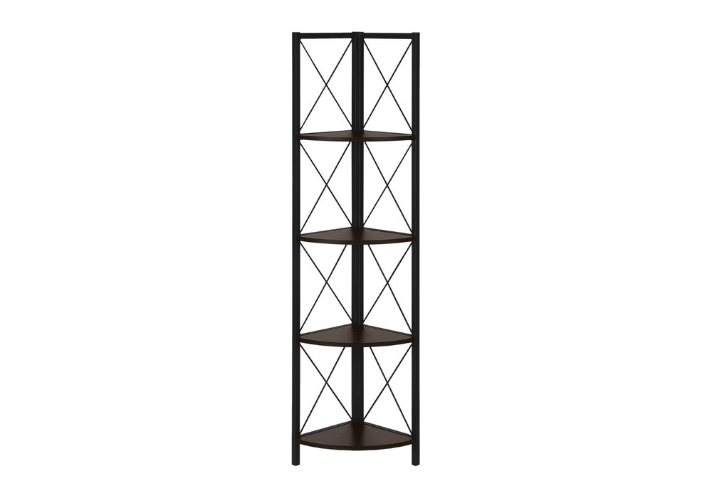 HomeRoots 59" Espresso Metal Four Tier Corner Bookcase - Sturdy, Stylish Space-Saving Storage for Any Room 489790