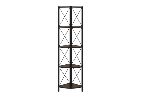 HomeRoots 59" Espresso Metal Four Tier Corner Bookcase - Sturdy, Stylish Space-Saving Storage for Any Room 489790