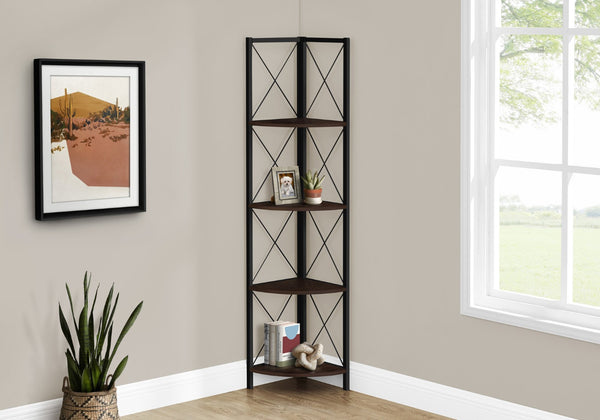 HomeRoots 59" Espresso Metal Four Tier Corner Bookcase - Sturdy, Stylish Space-Saving Storage for Any Room 489790