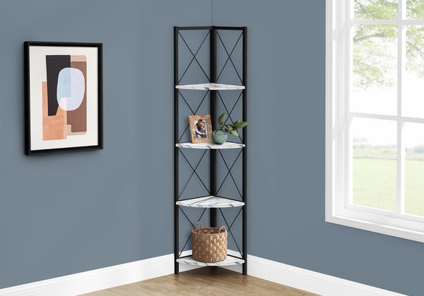 HomeRoots 59" Modern White Metal and Wood Four-Tier Corner Bookcase - Stylish Storage for Small Spaces 489793