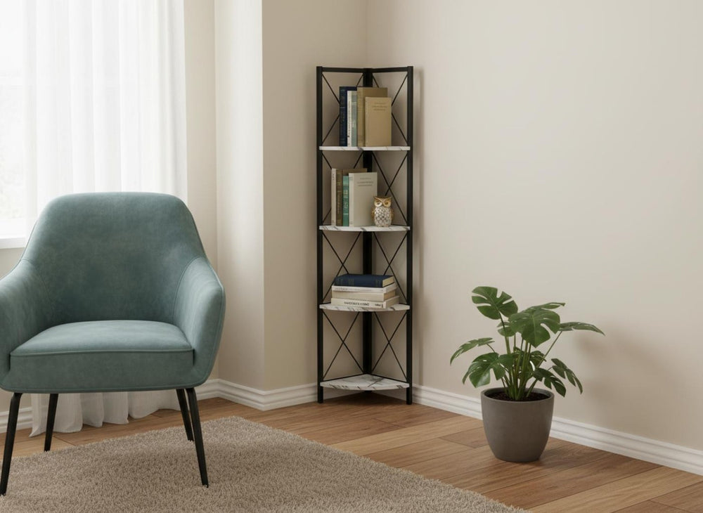 HomeRoots 59" Modern White Metal and Wood Four-Tier Corner Bookcase - Stylish Storage for Small Spaces 489793
