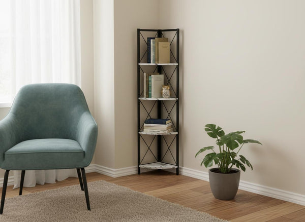 HomeRoots 59" Modern White Metal and Wood Four-Tier Corner Bookcase - Stylish Storage for Small Spaces 489793