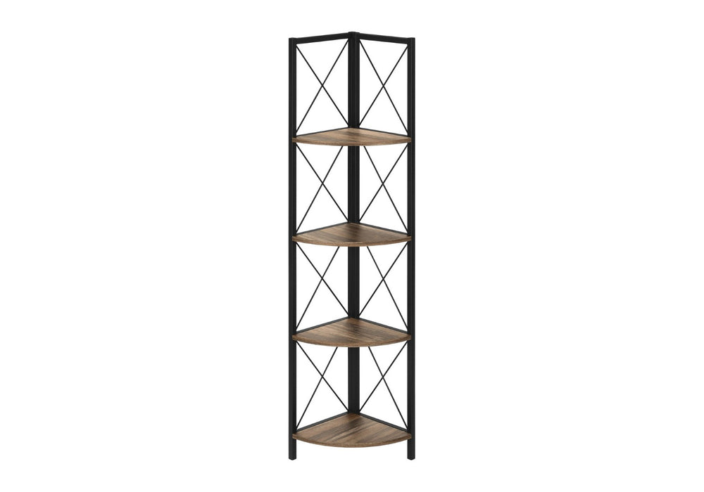 HomeRoots 59" Stylish Brown Metal and Wood Four-Tier Corner Bookcase for Compact Spaces and Organized Living 489794
