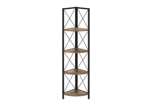 HomeRoots 59" Stylish Brown Metal and Wood Four-Tier Corner Bookcase for Compact Spaces and Organized Living 489794
