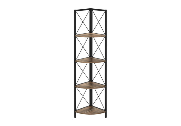 HomeRoots 59" Stylish Brown Metal and Wood Four-Tier Corner Bookcase for Compact Spaces and Organized Living 489794