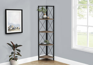HomeRoots 59" Stylish Brown Metal and Wood Four-Tier Corner Bookcase for Compact Spaces and Organized Living 489794