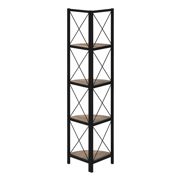 HomeRoots 59" Stylish Brown Metal and Wood Four-Tier Corner Bookcase for Compact Spaces and Organized Living 489794