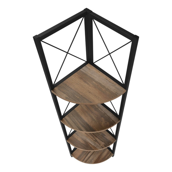 HomeRoots 59" Stylish Brown Metal and Wood Four-Tier Corner Bookcase for Compact Spaces and Organized Living 489794