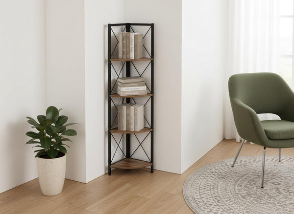 HomeRoots 59" Stylish Brown Metal and Wood Four-Tier Corner Bookcase for Compact Spaces and Organized Living 489794