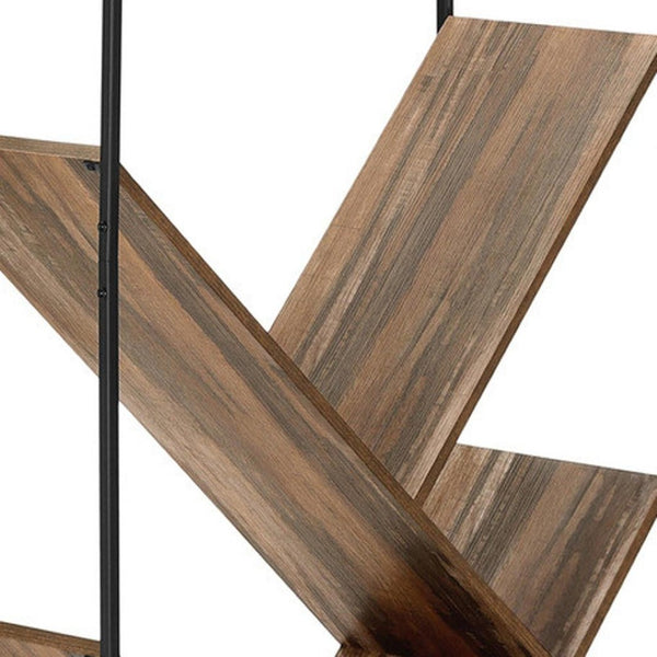 HomeRoots 60" Brown Metal and Wood Five-Tier Geometric Bookcase - Modern Design, Space-Saving Storage Solution 489795