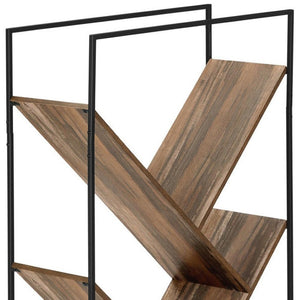 HomeRoots 60" Brown Metal and Wood Five-Tier Geometric Bookcase - Modern Design, Space-Saving Storage Solution 489795