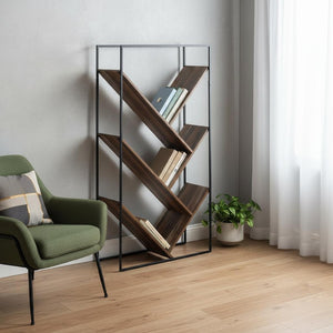 HomeRoots 60" Brown Metal and Wood Five-Tier Geometric Bookcase - Modern Design, Space-Saving Storage Solution 489795