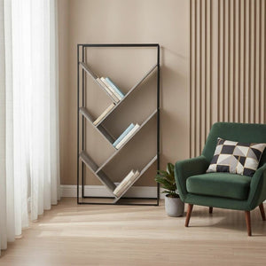 HomeRoots 60" Modern Industrial Gray Metal & Wood Five-Tier Geometric Bookcase for Stylish Storage Solutions 489796