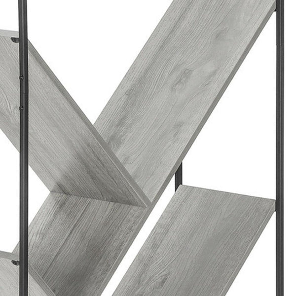 HomeRoots 60" Modern Industrial Gray Metal & Wood Five-Tier Geometric Bookcase for Stylish Storage Solutions 489796
