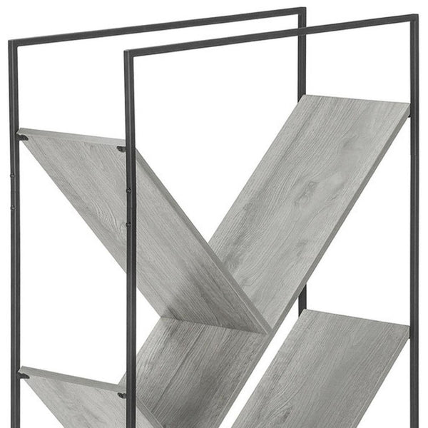 HomeRoots 60" Modern Industrial Gray Metal & Wood Five-Tier Geometric Bookcase for Stylish Storage Solutions 489796