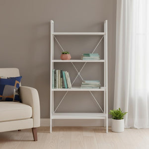 HomeRoots 48" Modern Four-Tier Etagere Bookcase - Stylish White Metal Frame with Wood-Look Shelves for Any Space 489799