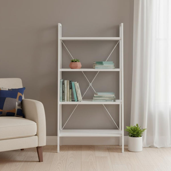 HomeRoots 48" Modern Four-Tier Etagere Bookcase - Stylish White Metal Frame with Wood-Look Shelves for Any Space 489799