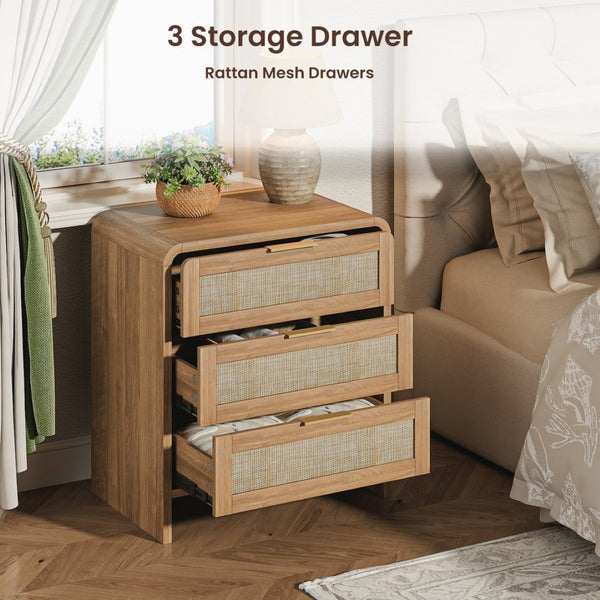 English Elm Rattan Drawer Nightstand Set with Built-in Charging Station and Open Shelf Bedroom Storage Caramel W1820P410559