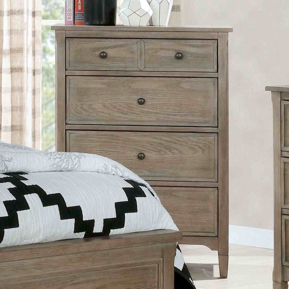 English Elm Wire-brushed Warm Gray Wood Grain Chest with Black Round Knobs for Bedroom Storage B2741P460175