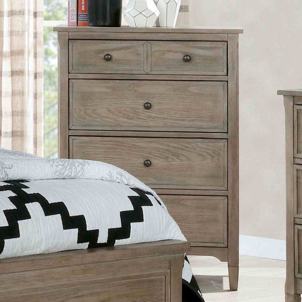 English Elm Wire-brushed Warm Gray Wood Grain Chest with Black Round Knobs for Bedroom Storage B2741P460175