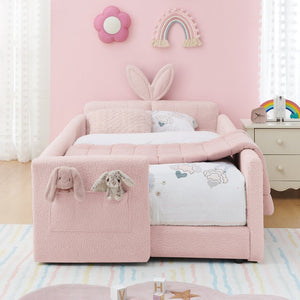 English Elm Twin Boucle Upholstered Kids Bed Whimsical Rabbit Ear Headboard with Safety Rail Pink W1413P407486