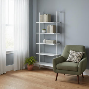 HomeRoots 72" Stylish White Metal Five-Tier Bookcase - Modern Shelving for Home, Office, and Decor Organization 489806