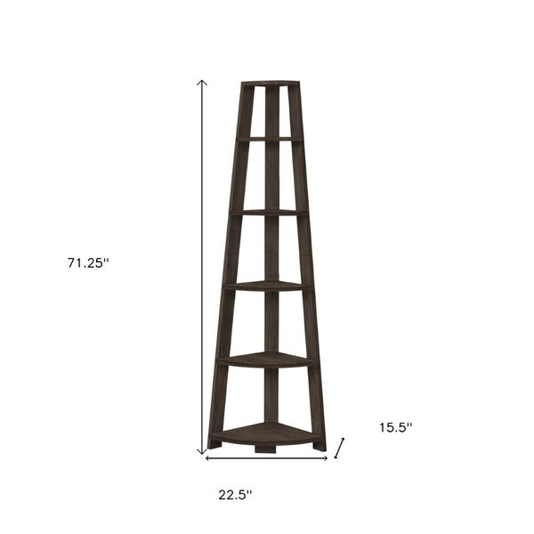 HomeRoots 71" Elegant Oak-Finish Five-Tier Corner Bookcase for Stylish Storage in Living Rooms & Offices 489811