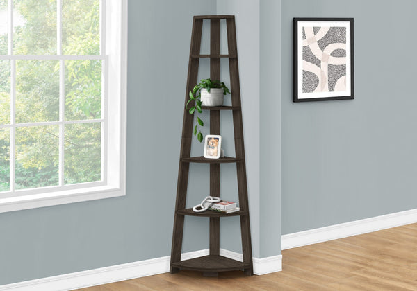 HomeRoots 71" Elegant Oak-Finish Five-Tier Corner Bookcase for Stylish Storage in Living Rooms & Offices 489811