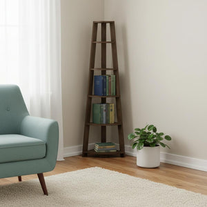 HomeRoots 71" Dark Brown Wood Five-Tier Corner Bookcase - Stylish Storage Solution for Small Spaces & Decor 489812