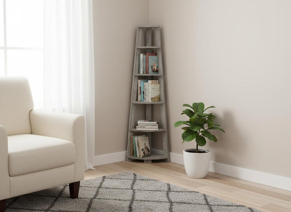 HomeRoots 71" Gray Corner Bookcase - Five-Tier Versatile Storage Solution for Modern Living Spaces & Offices 489813