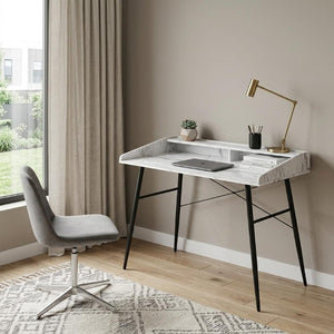 47 Inch Parsons Style Writing Desk with Faux Marble Top Iron Frame Home Office
