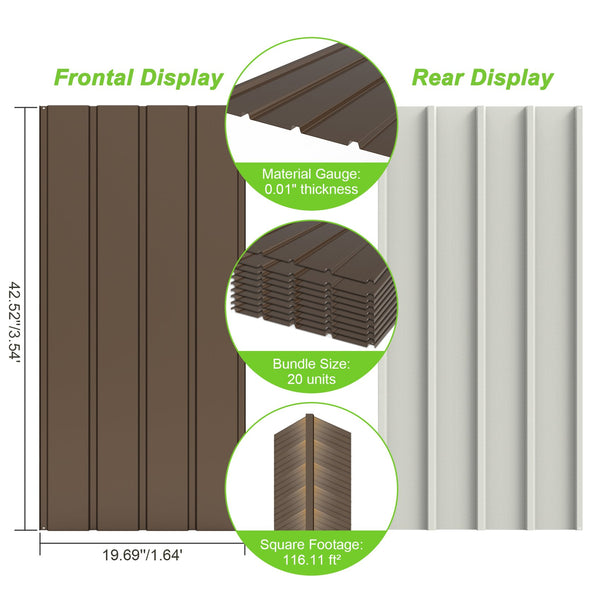 English Elm 20 Corrugated Metal Roofing Panels 3.54ft x1.64ft Galvanized DIY-Friendly Durable Weatherproof Panels Brown W1859P386933