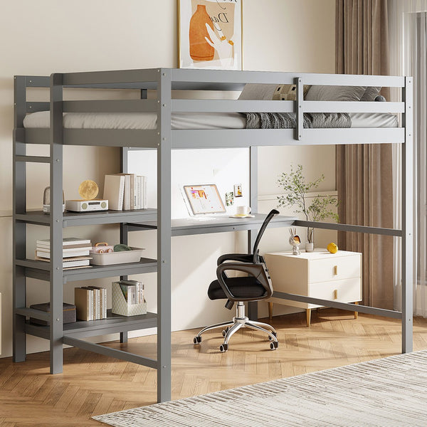English Elm Twin Loft Bed with Built-in Desk Shelving and Dry-erase Board for Kids Rooms Gray LT100320AAE