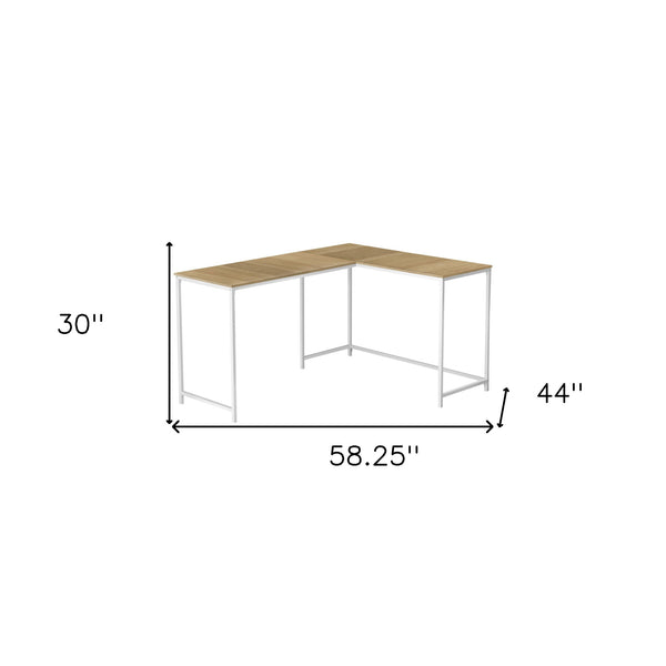 Homeroots 58" Stylish Natural And White Wood Metal Corner Desk – Perfect For Home Office Or Living Room Nook   489855
