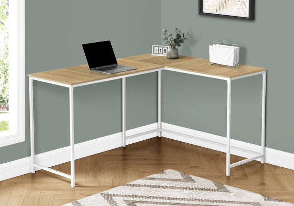 HomeRoots 58" Modern L-Shaped Corner Computer Desk with Natural Wood Top & White Metal Base for Home Office 489855