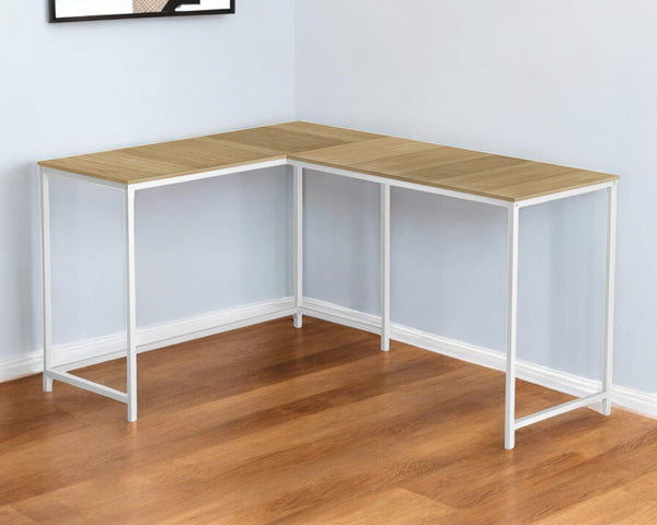 Homeroots 58" Stylish Natural And White Wood Metal Corner Desk – Perfect For Home Office Or Living Room Nook   489855