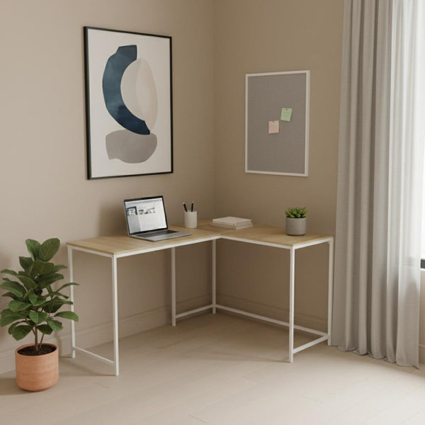 HomeRoots 58" Modern L-Shaped Corner Computer Desk with Natural Wood Top & White Metal Base for Home Office 489855