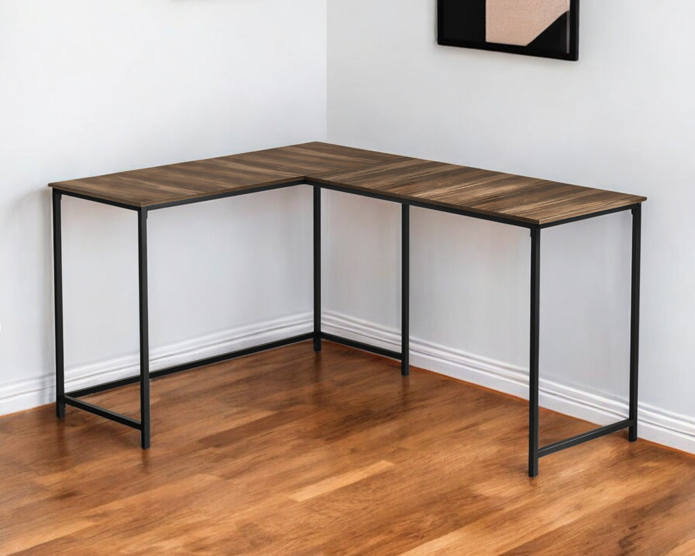 Homeroots 58" Stylish Brown And Black Wood And Metal Corner Computer Desk For Modern Office Spaces   489861