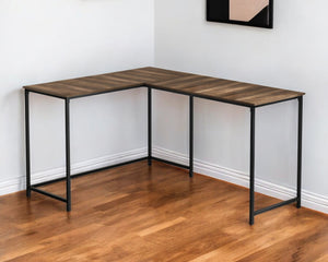 Homeroots 58" Stylish Brown And Black Wood And Metal Corner Computer Desk For Modern Office Spaces   489861