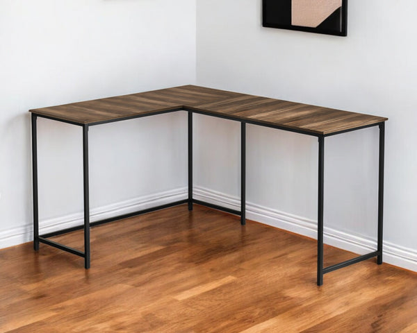 Homeroots 58" Stylish Brown And Black Wood And Metal Corner Computer Desk For Modern Office Spaces   489861